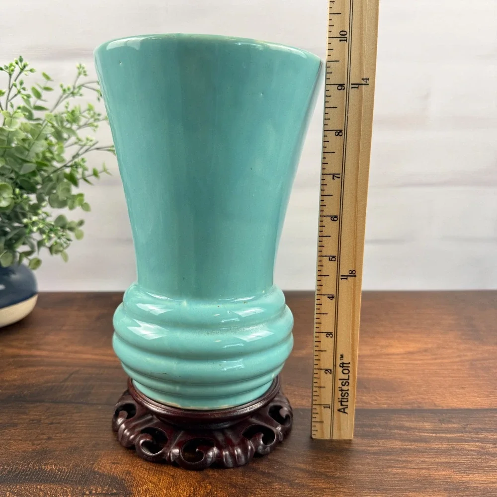McCoy USA Pottery Aqua Turquoise Flared Vase Ringed Base Mid Century